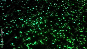 A rotating dark background with green squares of different sizes and different saturations. The squares change shape and size randomly. Technological cyberspace representation wallpaper and video.