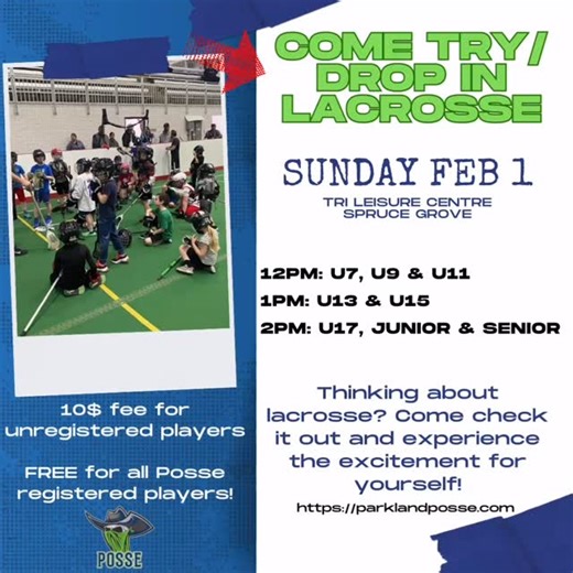 Our first drop-in date is almost here! Feb 1 is your chance to come check out this awesome sport. New players welcome don’t miss it! All players must wear a helmet with a cage, gloves (hockey or ringette gloves are fine) and clean indoor runners. We have sticks to borrow if you need one. #posselacrosse | Parkland Posse Lacrosse