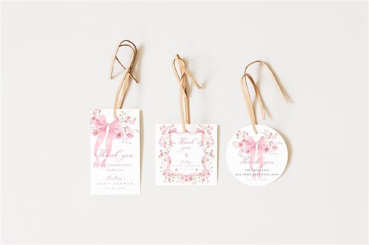 Pink Bow Floral Baby Shower Favor Tags, Baby in Bloom Thank You Tag Printable, Editable Coquette Shower Gift Tag Template, Favor Label, FB02 - Etsy
