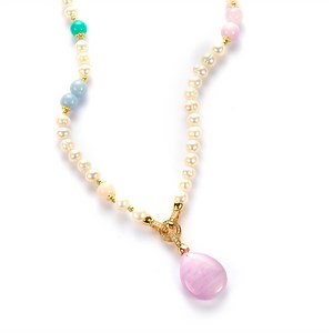 Freshwater Cultured Pearl Necklace with Multi Gemstone in Gold Plated Sterling Silver
