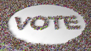 The crowd of characters creates the inscription VOTE, elections. Funny cartoon characters, animation is looped in the first and last 50 frames, includes a channel for changing the background color.