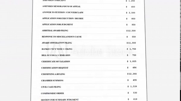 Animated detailed court filing fees schedule template: interactive legal costs with comprehensive judicial proceeding charges display