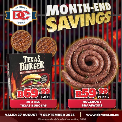 199 reactions · 4 comments | 數 The weekend is almost here & time to bring out the tongs! We’ve made choosing easy with our Month-End Specials:  20 x 85g Texas Burgers only R69,99 each  Hugenoot Braaiwors just R59,99 each Get down to your nearest DC Meat store today & SAVE!   Follow our WhatsApp Channel for the latest deals & updates: https://www.whatsapp.com/channel/0029Vb5YpSDHbFV257yoMV1z #DCMeat #ThePeoplesChoice #Quality #MonthEndSpecials | DC Meat | Facebook