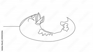 Animated self drawing of continuous line drawing one scallop baked with shell open. Food presentation that increases appetite. Delicious. National Baked Scallops Day. Full length single line animation