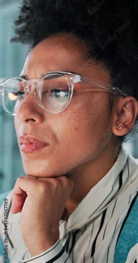 Ideas, glasses and businesswoman by computer in office for research on finance statistics. Technology, thinking and female financial manager with investment data for profit forecasting in workplace.