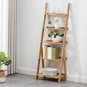 Maydear Bamboo Ladder Shelf Bookcase, 5-Tier Leaning Bookshelf Free Standing Organizer Storage Shelves for Living Room, Bedroom, Kitchen, Home Office, Balcony, Natural Wood | Bookcase, Living Room, Bedroom, Kitchen, Home Office