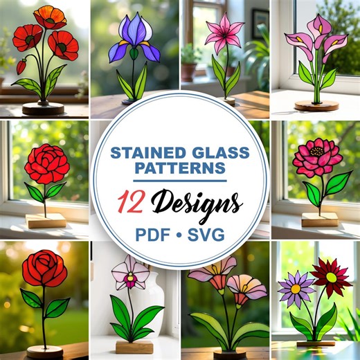 Floral Stained Glass Patterns - Flower Suncatchers, Bundle Designs (pdf, Svg) - Etsy