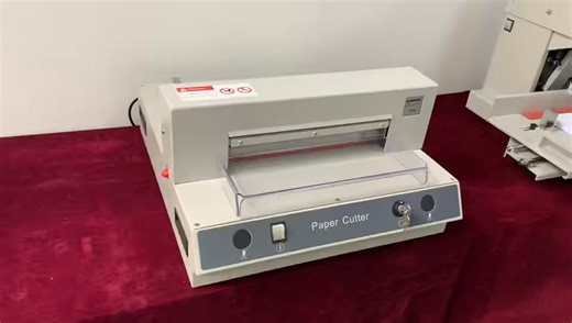 320 Desktop Auto Paper Cutter, safety two-handed operation, auto clamp, optical cutting line, cutting width 320mm, cutting height 40mm, narrow cut 50mm, cutting depth 320mm #papercutter #papercuttingmachine #electricpapercutter #autocutting #graphicshop #printingshop | William Chen
