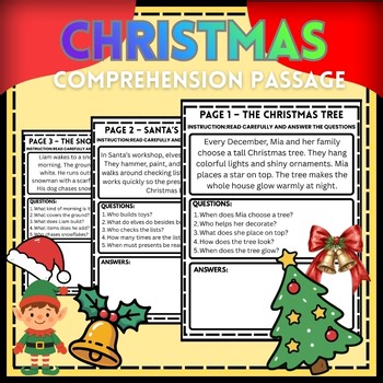 Christmas Literacy Worksheets | Reading Comprehension Pack | Grades 2–5