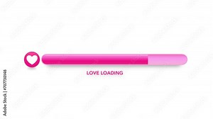 Pink Progress Loading Bar moving with love heart shape, heart pop out at the end to show completed loading.