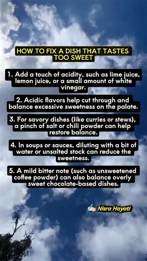 Too Sweet? Here’s How to Fix It Like a Pro 👩‍🍳✨ #CookingTips #KitchenHacks #FoodTips #CookingHack #HomeCooking #SmartCooking #FoodLovers #ChefTips | Nisra Hayati