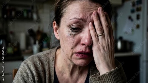 Mature woman crying in a kitchen with smudged makeup and a hand on her face, expressing grief and sadness for mental health awareness and domestic struggle
