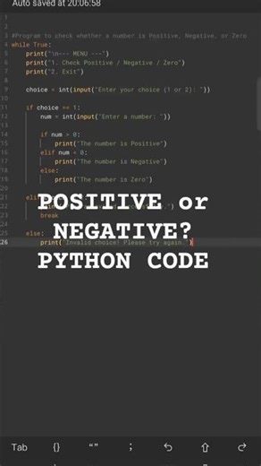 🔥 Python Menu Driven Program | Class 7 | Positive Negative Zero | Beginner Friendly#shorts#coding