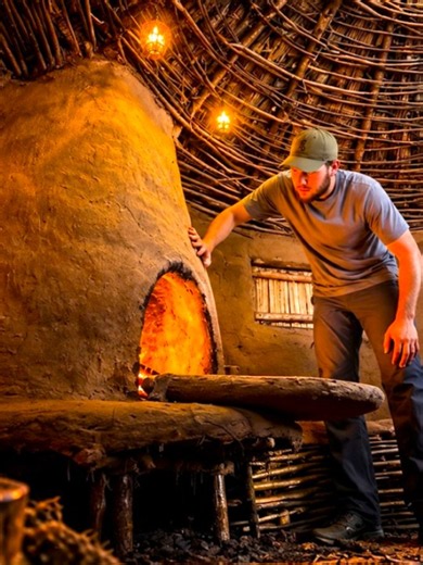Forest house with clay stove: cozy log cabin shelter ideas