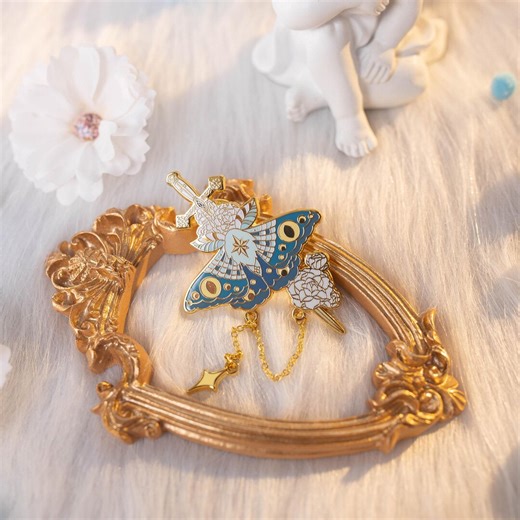 Blue Moth on Peony Sword Enamel Pin - Mystical Insect Brooch, Floral Lapel Pin, Gothic Fantasy Metal Badge - Etsy