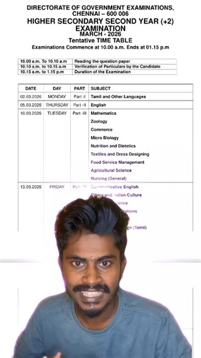 KALVI MINI - கல்வி மினி on Instagram: "📢 12th Public Exam Time Table 2026 – Tamil Nadu 🗓️ Get the complete schedule for +2 Board Exams 📚 Plan smart, study hard, and achieve your goals 💯🔥 #TamilNadu12th #PlusTwoExam #HSCExam2026 #KalviMini #TimeTableUpdate #BoardExam"