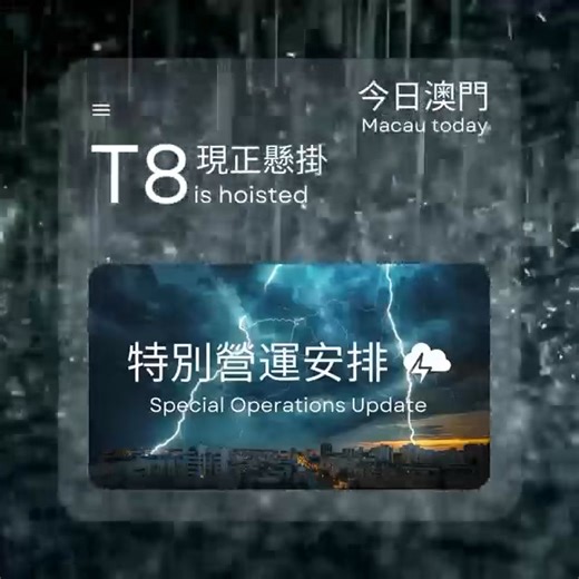 【八號風球現正懸掛】 受颱風影響，#澳門銀河 、#星際酒店 及 #澳門百老匯 所有室外設施暫停開放，部分商店及餐廳臨時暫停營業，穿梭巴士服務亦暫停。#澳門銀河、#澳門百老匯 及 #星際酒店 的客用停車場現開放給公眾使用，先到先得。為安全起見，請各位留在室內，並密切留意天氣情況。 不便之處，敬請見諒。有關酒店、消閒設施、餐飲服務、銀河時尚匯及交通安排之最新消息，請瀏覽：https://www.galaxymacau.com/zh-hant/yveni/ 【Typhoon Signal No.8 is Now Hoisted】 Due to the typhoon, all outdoor facilities at #GalaxyMacau , #StarWorldHotel and #BroadwayMacau and all shuttle bus services are suspended. Some of our restaurants and shops are also temporarily closed. We apologize for any inconvenien