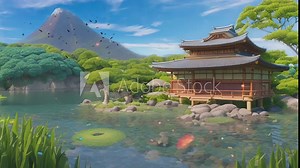 3D animation of the scenery with beautiful natural nuances. there are clear skies, trees, water, mountains and traditional Japanese houses. Smooth and repeating animations.