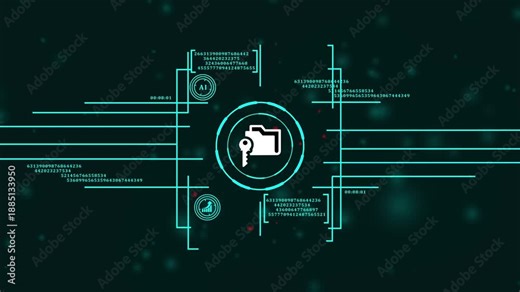 business information privacy and encryption technology. network data safety concept with key and folder icon. cybernetic access control with locked folder visualization.4k video