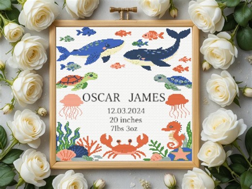 Birth Announcement Cross Stitch Pattern PDF | Ocean Sampler | DIY Baby Shower Easy Chart | Instant Download PDF - Etsy
