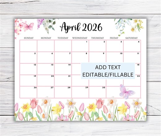 EDITABLE April 2026 Calendar, Printable Fillable Monthly Planner April Calendar Editable Monthly Schedule Printable Calendar Work School - Etsy