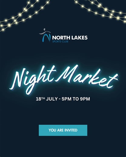❄️ Winter Alleyway Night Market is here! ❄️ ⏰ Friday 18 July | 5 - 9 PM Join us for delious food, great music, and family fun! Gold coin upon entry is appreciated to support local charity. See you there! 👉 https://bit.ly/4ncbMpF | North Lakes Sports Club