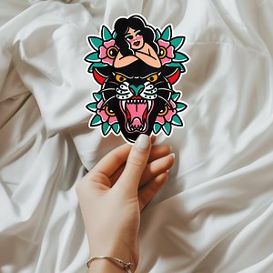 Old School Panther Lady Tattoo Sticker - Classic Tattoo Flash Sticker, Edgy Laptop Sticker, Kindle Accessory, Waterproof Vinyl Sticker - Etsy