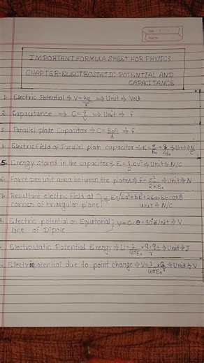 ELECTROSTATIC POTENTIAL AND CAPACITANCE | CHAPTER 2 | IMPORTANT FORMULA SHEET | PHYSICS | CLASS 12