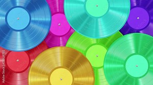 Realistic seamless looping 3D animation of the spinning fancy colorful vinyl records with blank colorful labels rendered in UHD as motion background