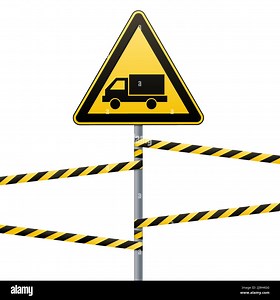 Caution - danger Warning sign safety. Beware of the Car. yellow triangle with a black image. sign on the pole and protecting ribbons. Vector Image Stock Vector Image & Art - Alamy