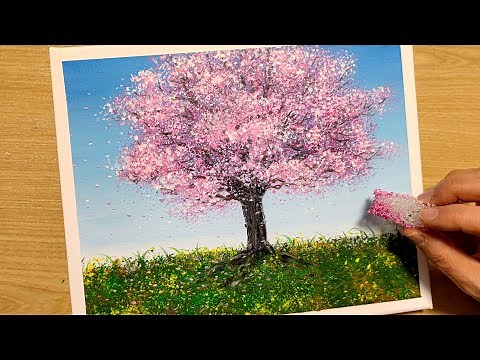 How to draw cherry blossoms with acrylic paint / Simple acrylic painting for beginners /Step by step