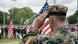 American soldier saluting US flag at patriotic military ceremony, Memorial Day or Veterans Day event