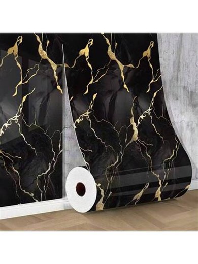 1 Roll Marble Pattern Vinyl Wallpaper, Black Base With Gold Texture, Self-Adhesive Waterproof, Removable Kitchen Wall Sticker, Shaped And Striped Design, Detachable Home Decor | SHEIN