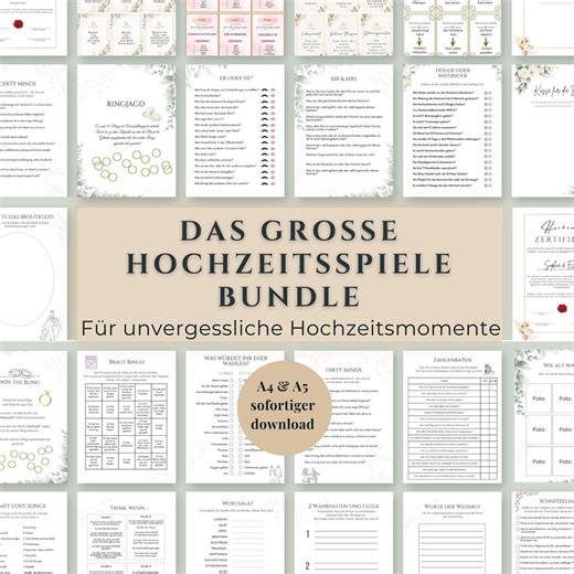 Hochzeitsspiele Bundle PDF Download | 24 Hochzeitsspiele, Fotoaufgaben Karten, Challenge Karten & Zertifikate | A4 A5 Hochzeit Spiele