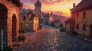 Ancient old village with castle background, cobblestone streets, seamless looping 4k video animation background