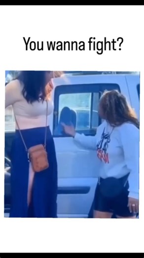 PowerTalksDaily on Instagram: "This instagram video depicts a parking lot dispute where a smaller woman confronts a taller one over a minor bump, escalating to a challenge ("You wanna fight?") before rapidly backing away upon the opponent's emergence from the SUV, highlighting comedic size disparity. Posted January 4, 2026, by @PlanetOfMemes —a meme-focused account with 1.8 million views—the clip satirizes bravado in altercations, drawing parallels to folklore like David vs. Goliath through user