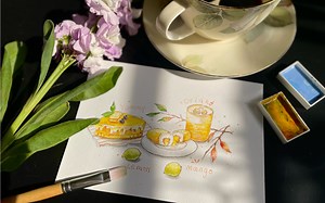 JM ART零基础绘画教程手绘入门水彩食物-钢笔淡彩芒果系列下午茶