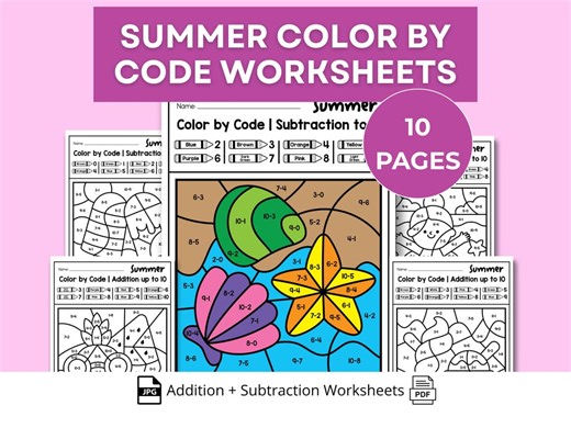 Summer Color by Code Worksheets Kindergarten | Addition Subtraction Math Coloring Pages | Summer Math Printable | Homeschool Activity PDF - Etsy