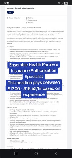 Ensemble Health Partners Insurance Authorization Specialist This position pays between $17.00 - $18.65/hr based on experience Certified Revenue Cycle Representative (CRCR) required within 9 months of hire -Company Paid #f #fyp #wfhjobs #remotework #everyone