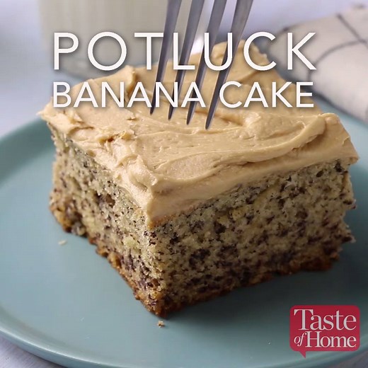 Coffee-flavored frosting makes the perfect topping for this moist banana cake. Potluck Banana Cake Recipe: http://spr.ly/60028u8Q8 | Taste of Home
