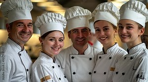 Group of chefs smiling together in a kitchen during a culinary workshop