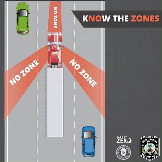 When following or driving next to a commercial motor vehicle truck or bus, be aware of a truck's blind spots – also called the No Zones. Here are few tips to help passenger vehicles safely share the road with CMVs: Ensure the truck driver can see you especially when passing. Operate at a safe distance that allows you to see both of the truck’s outside mirrors. Pass at a safe speed on the left side only. Never tailgate or draft a big truck. #NoZone | South Carolina Department of Public Safety