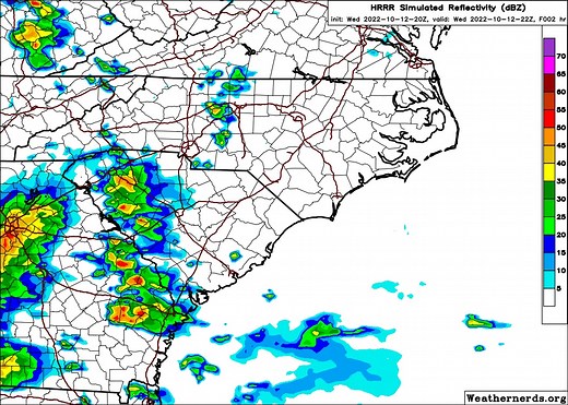 Here's an hourly simulated radar depiction using 1 of our models, the HRRR, illustrating the movement and intensity of the rainfall that crosses the Carolinas between 6pm this evening through 10am Thu morning. Most locations across Northeast SC and Southeast NC should see some measureable rainfall!! #ilmwx #ncwx #scwx | US National Weather Service Wilmington NC