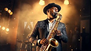 Live jazz performance featuring a saxophonist in an intimate venue with atmospheric lighting