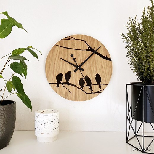 Oak Wood Birds Wall Clock: Laser Cut Nature Decor - Etsy