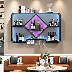 Metal Wine Rack Wall Mounted with Led Light, Modern Bar Shelves Wall Mounted with Glass Holder, Multi Functional Liquor Shelf Wall Mounted for Home Bar, Kitchen & Dining Room (Black, 71)