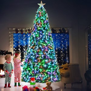 LAZY BUDDY 10FT Fiber Optic Christmas Tree, Pre-Lit Artificial Christmas Tree with Multicolor Lights, Top Star, Foldable Metal Base