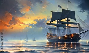 pirate ship on the high seas Generative AI. Virtual video scene animated background
