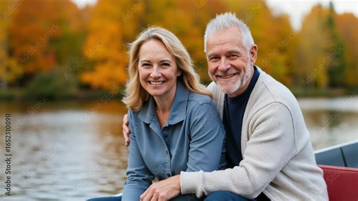 Happy Older Couple Enjoying a Boat Ride in Autumn Colors by the Lake for Family Blogs, Relationship Websites, Outdoor Lifestyle Content, and Senior Living Articles