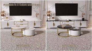 Modern Round Nesting Coffee Table Fluted with Drawer in Black & Gold in 31.5''